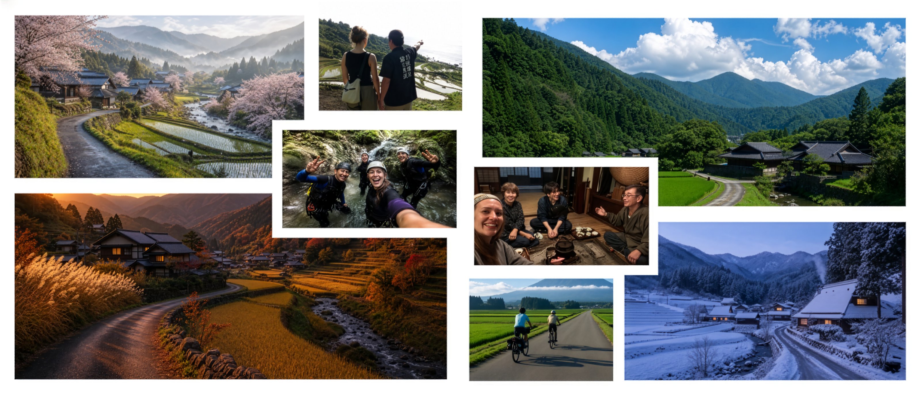 四季の里山とインバウンド旅行者の体験を並べたコラージュ